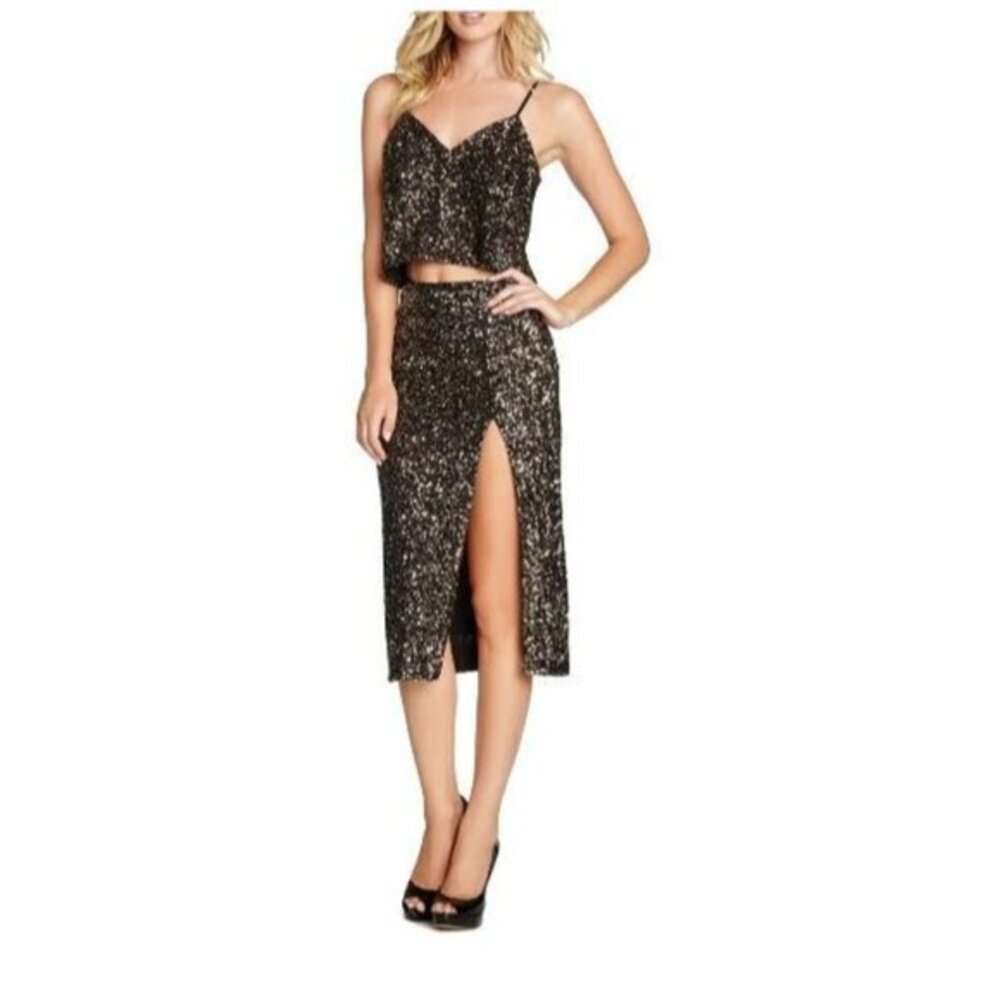 Dress The Population Alessandra Gold Black Sequin Midi Pencil Skirt Sz M New